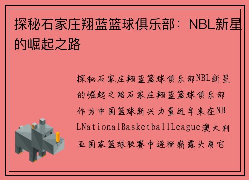 探秘石家庄翔蓝篮球俱乐部：NBL新星的崛起之路