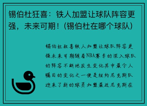 锡伯杜狂喜：铁人加盟让球队阵容更强，未来可期！(锡伯杜在哪个球队)